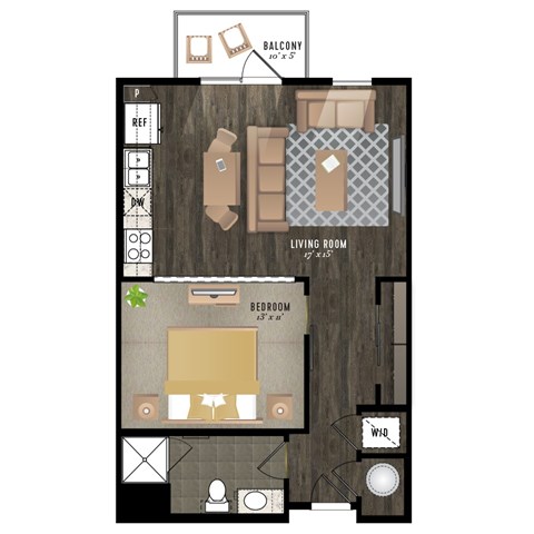 Floor plan for studio, 1 bath, 730 sqft
